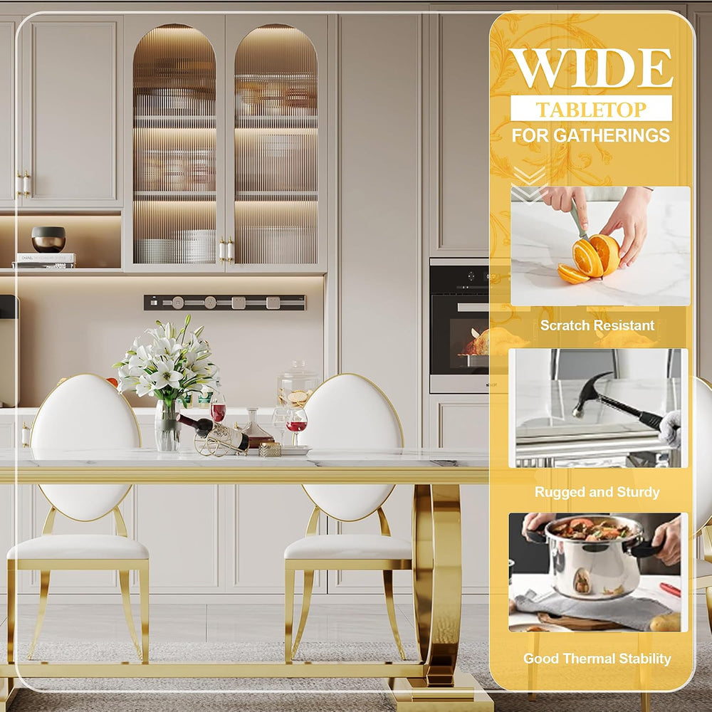 70" Marble Dining Table Set for 6 Gold Base with Kitchen Chairs | Faux M...