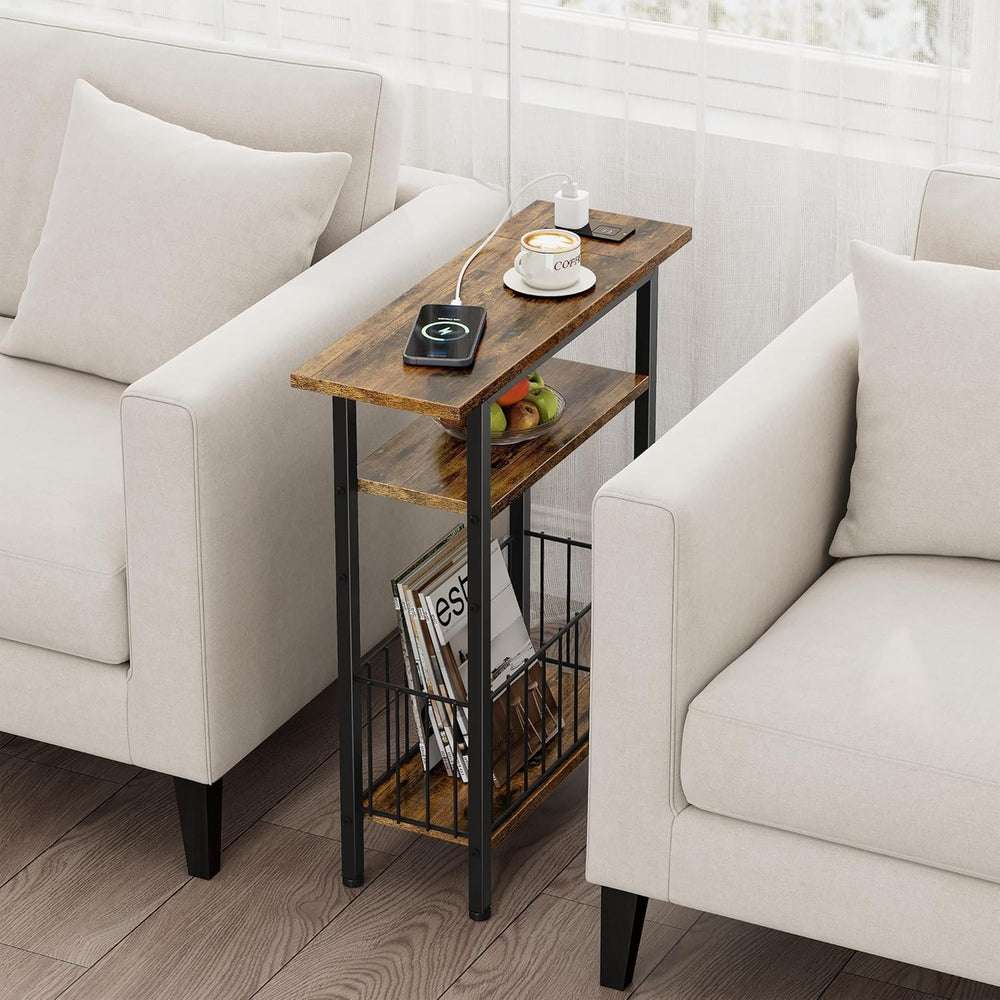 Vagusicc Narrow Side Table with Charging Station, 3-Tier Skinny Side End Tabl...