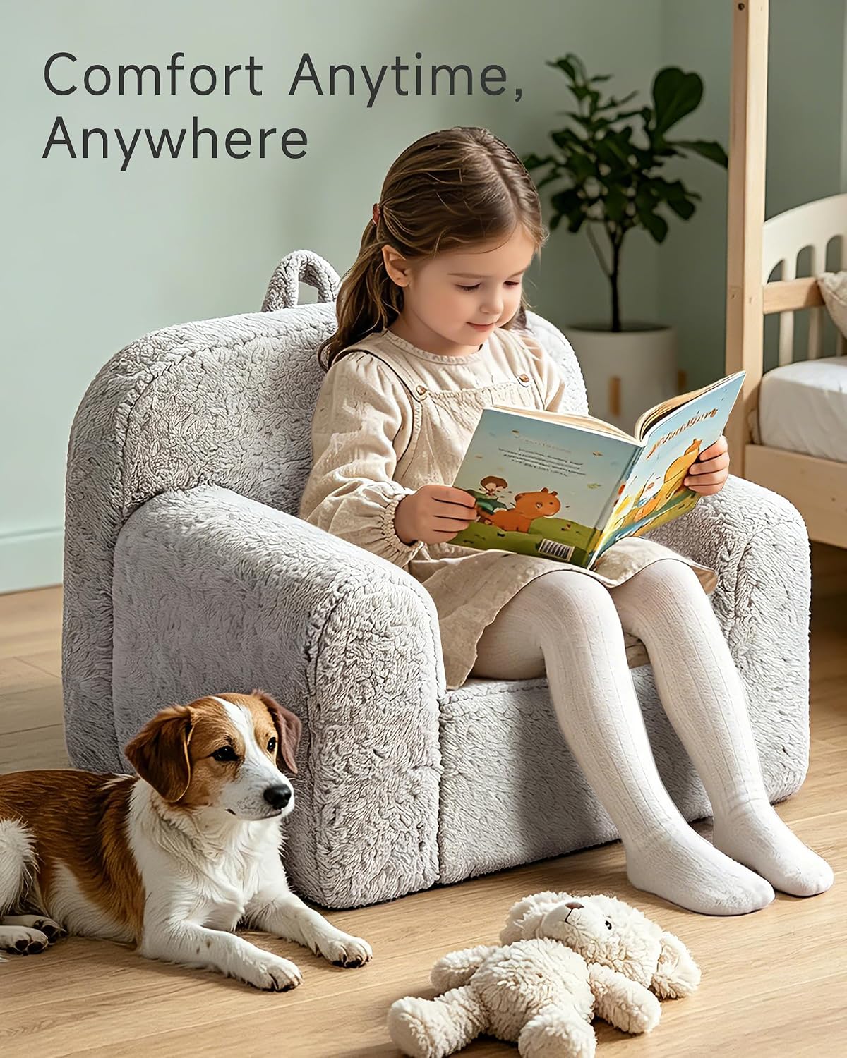 Pterying Kids Chair with Washable Soft Sherpa Cover | High-Resilience Foam, Stable Construction, Comfy Toddler Couch, Reading and Playing