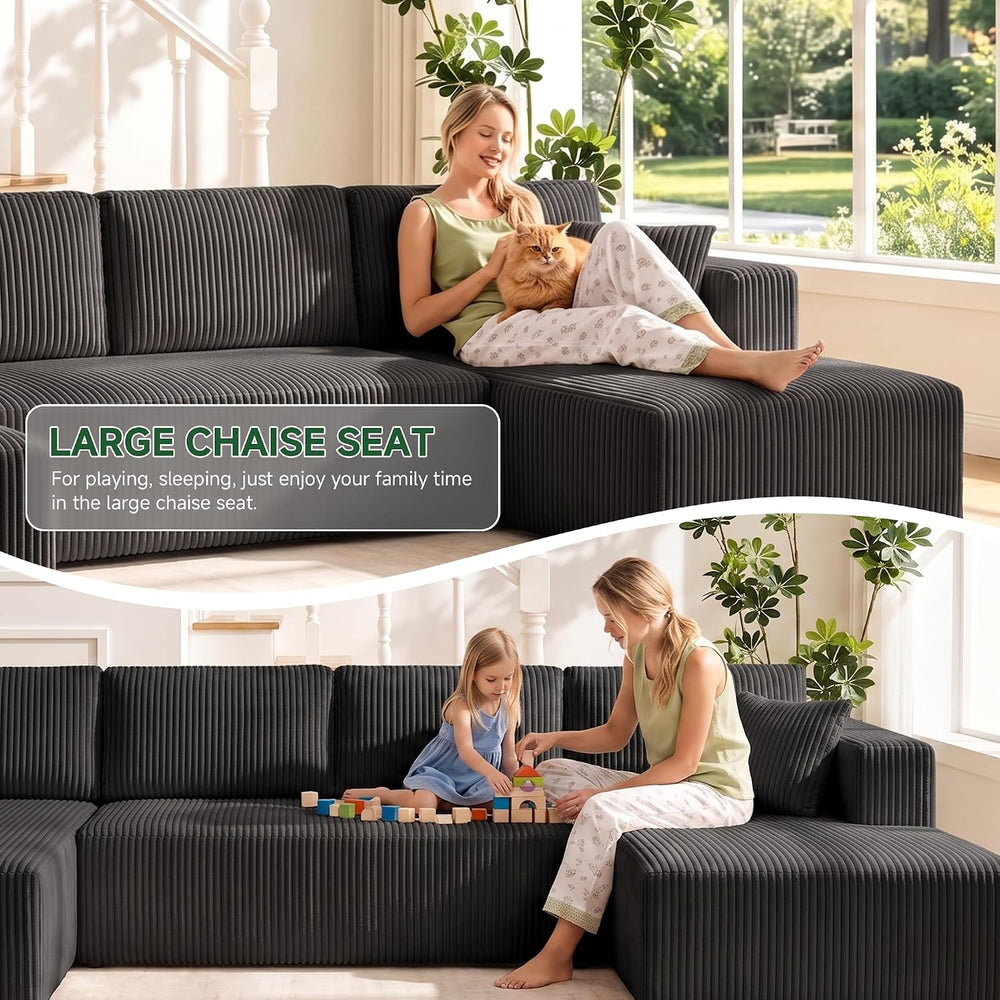 130" Couch U-Shaped Sectional Sofa, Black | Corduroy Cloud Couch with Do...