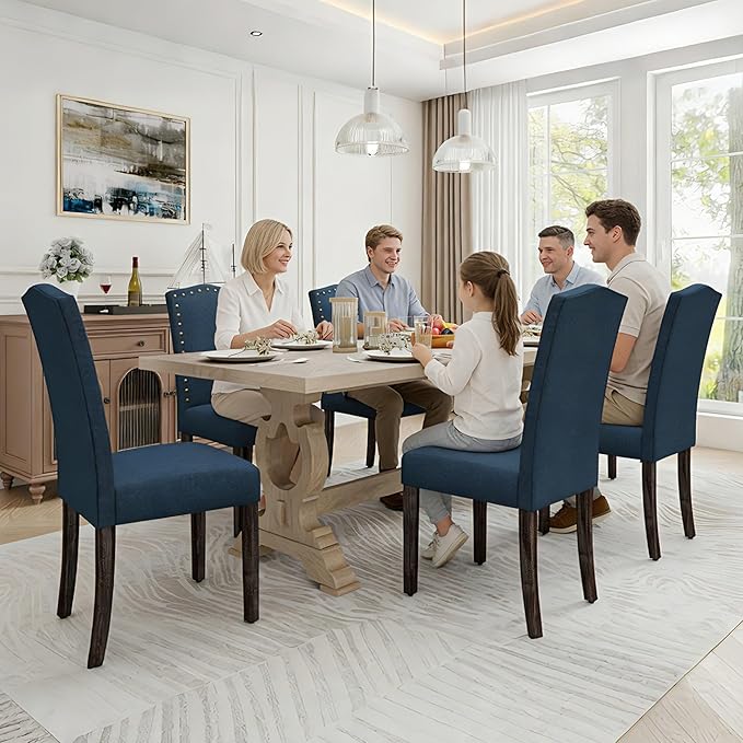 LSSPAID Dining Chairs Set of 4, Modern Comfy Linen Upholstered Parsons Dining Room Chairs with Bronze Nail Head Trim and Brushed Solid Wood Legs, Teal