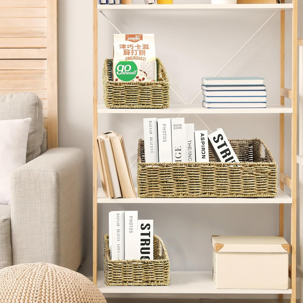 Ollieroo Natural Seagrass Storage Baskets, Handwoven Wicker Storage Bins with Built-in Handles, Storage Container Baskets for Shelves, Bedroom, Bathroom, Laundry Room or Kitchen(Green)