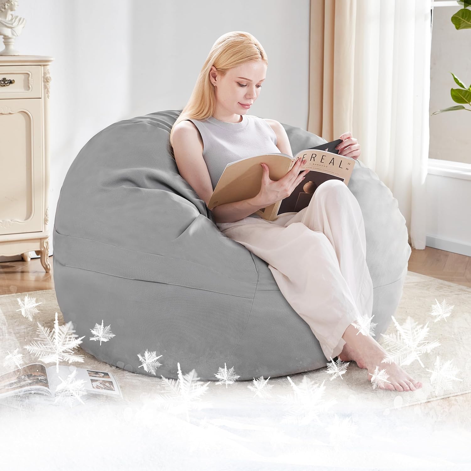 Cooling Bean Bag Cover for Hot Summer (No Filler), Giant Bean Bag Chairs for Stuffed Animals Storage, Large Bean Bag Chair Covers for Adults, Bean Bag Couch Sofa for Toddler/Kids (Grey,4FT)