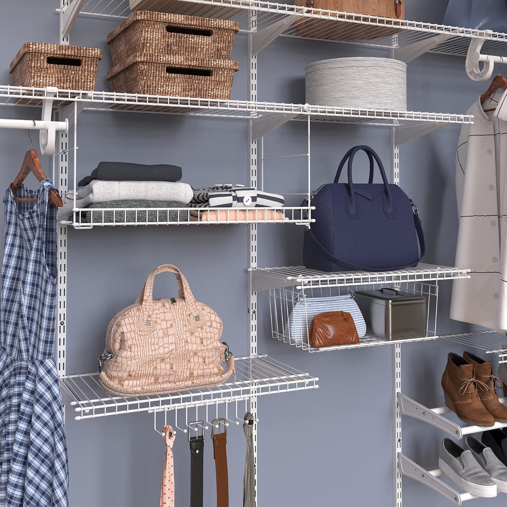 ClosetMaid ShelfTrack Wire Closet Organizer System Adjustable from 7 to 10 Ft, with Shelves, Clothes & Wire Hanging Shelf Basket for Storage, Organization in Closet or Pantry