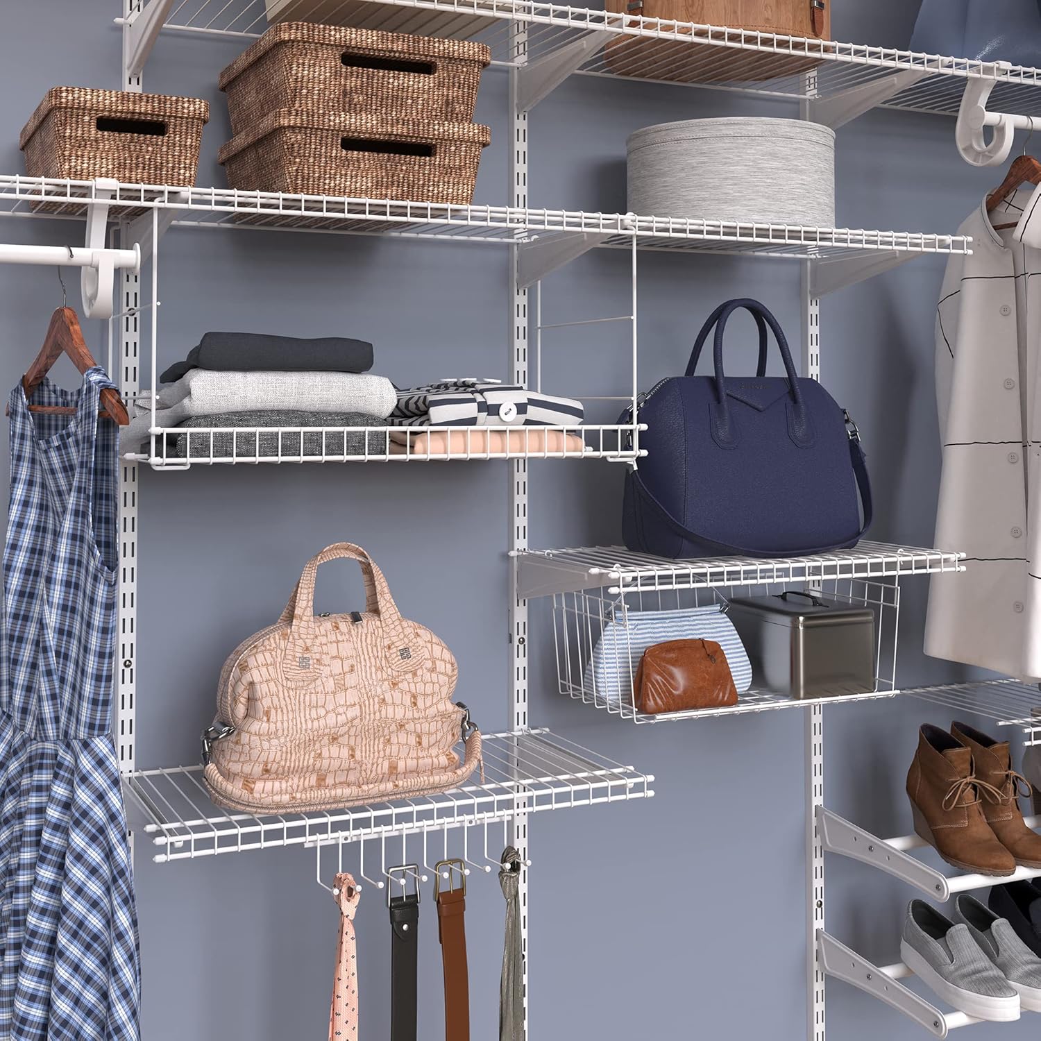 ClosetMaid ShelfTrack Wire Closet Organizer System Adjustable from 7 to 10 Ft, with Shelves, Clothes & Wire Hanging Shelf Basket for Storage, Organization in Closet or Pantry