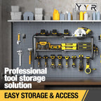 YYR Heavy Duty Power Tool Organizer with Charging Station, Cordless Drill Hanger Storage Rack, Battery Tools Holder Wall Mount Shelf for Garage - 32 Inch Equipped with Surge Protection Power Strip