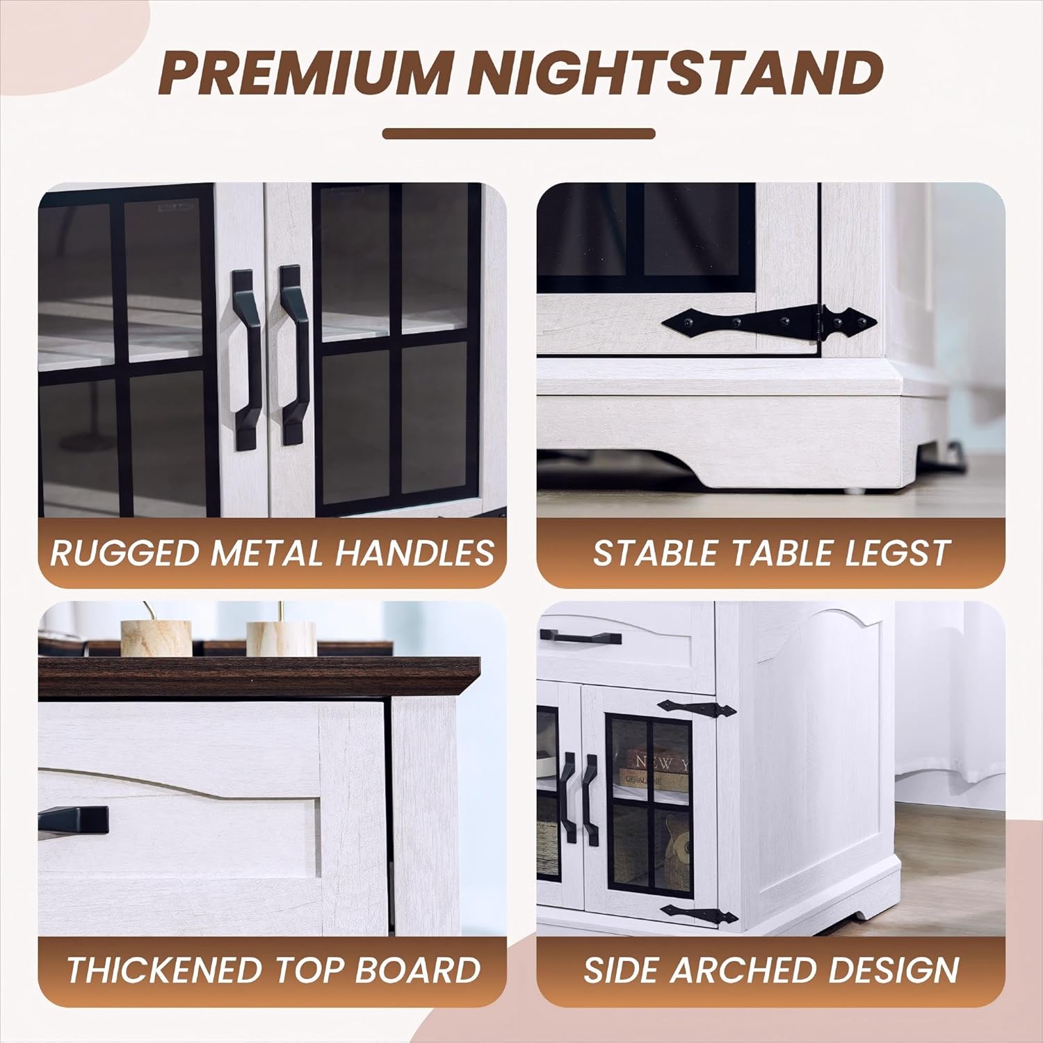 23.6"W Farmhouse End Table Set of 2 with Hidden Charging Station, Side Table with Drawer for Sofa Couch or Bedside, Rustic Wooden Nightstand with Storage for Living Room, Bedroom (Off White Walnut)