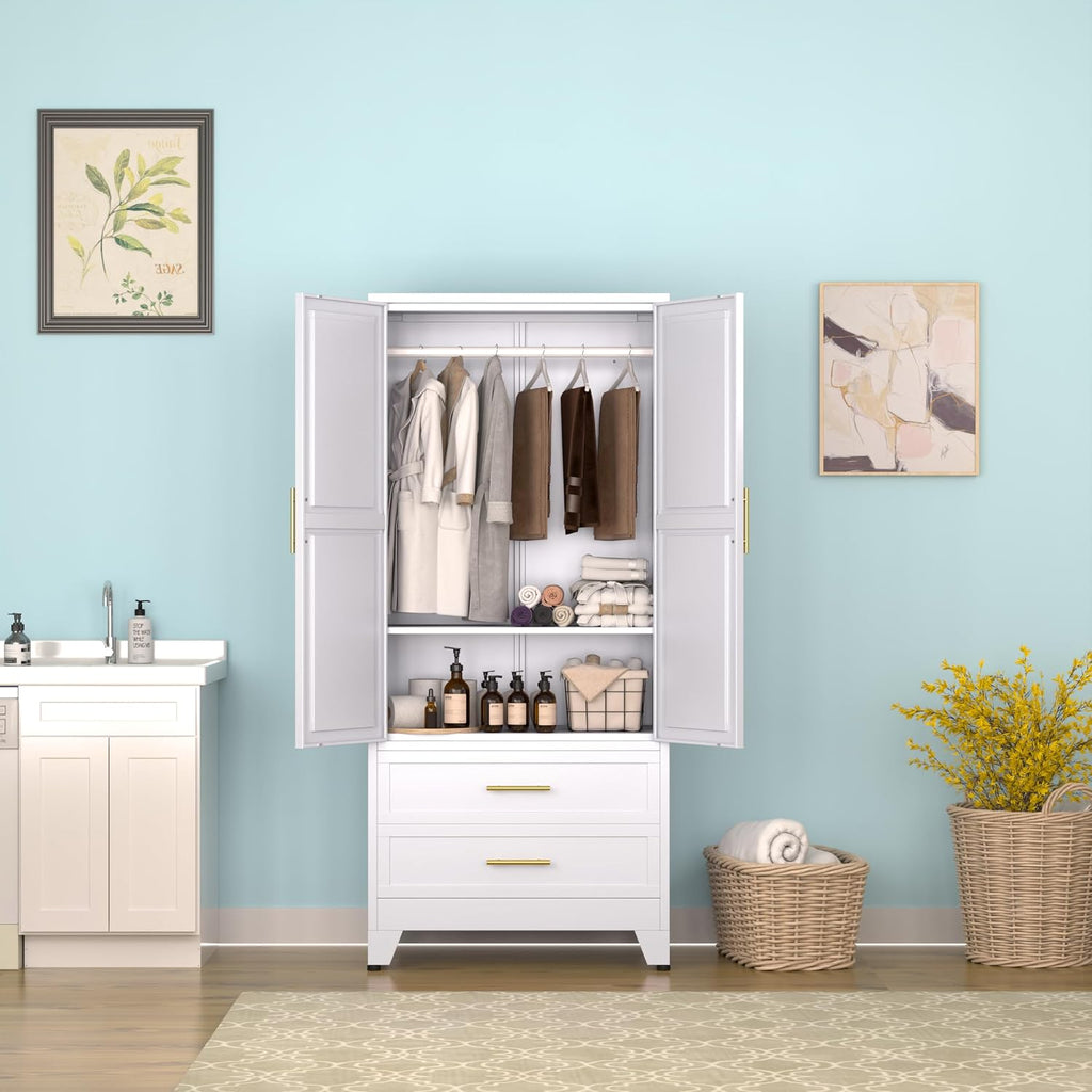 Metal Clothing Storage Cabinet with Adjustable Shelves and Hanging rods. A Household Steel Wardrobe Storage Cabinet with Drawers (Wardrobe - White).