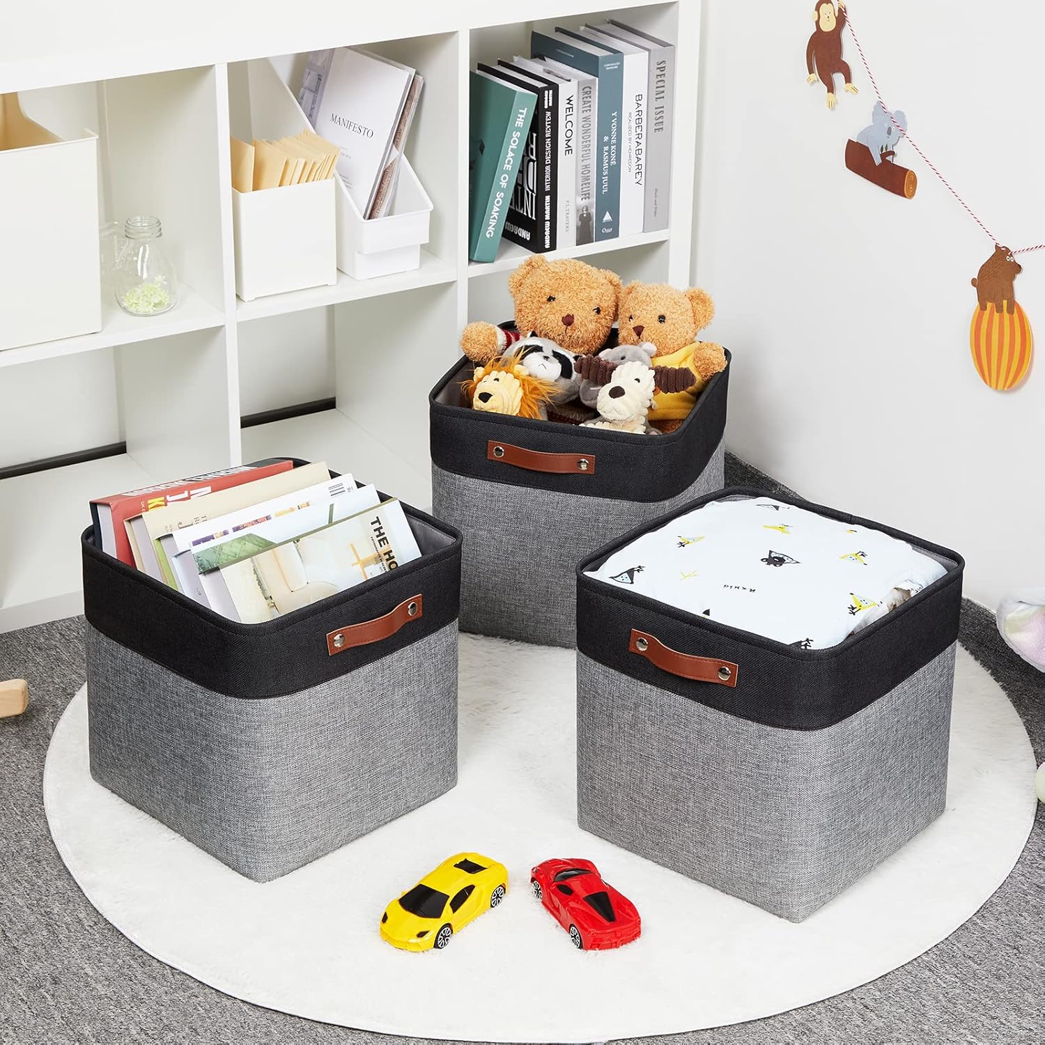 HNZIGE Storage Foldable Baskets Cubes Set(3 Pack) Fabric Bins for Shelves,13 Inch Storage Basket for Organizing with Leather Handles for Home, Toys, Clothes, Kids Room, Closet Storage(Black&White)