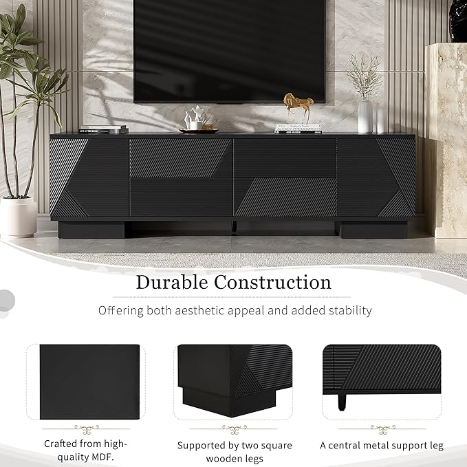 Merax 70.8 inch Modern TV Stand for TVs up to 75 Inches, Entertainment Center with Storage Cabinets & 4 Drawers, Minimalist Media Console with Metal Center Leg & Anti-Tip Device for Living Room, Black