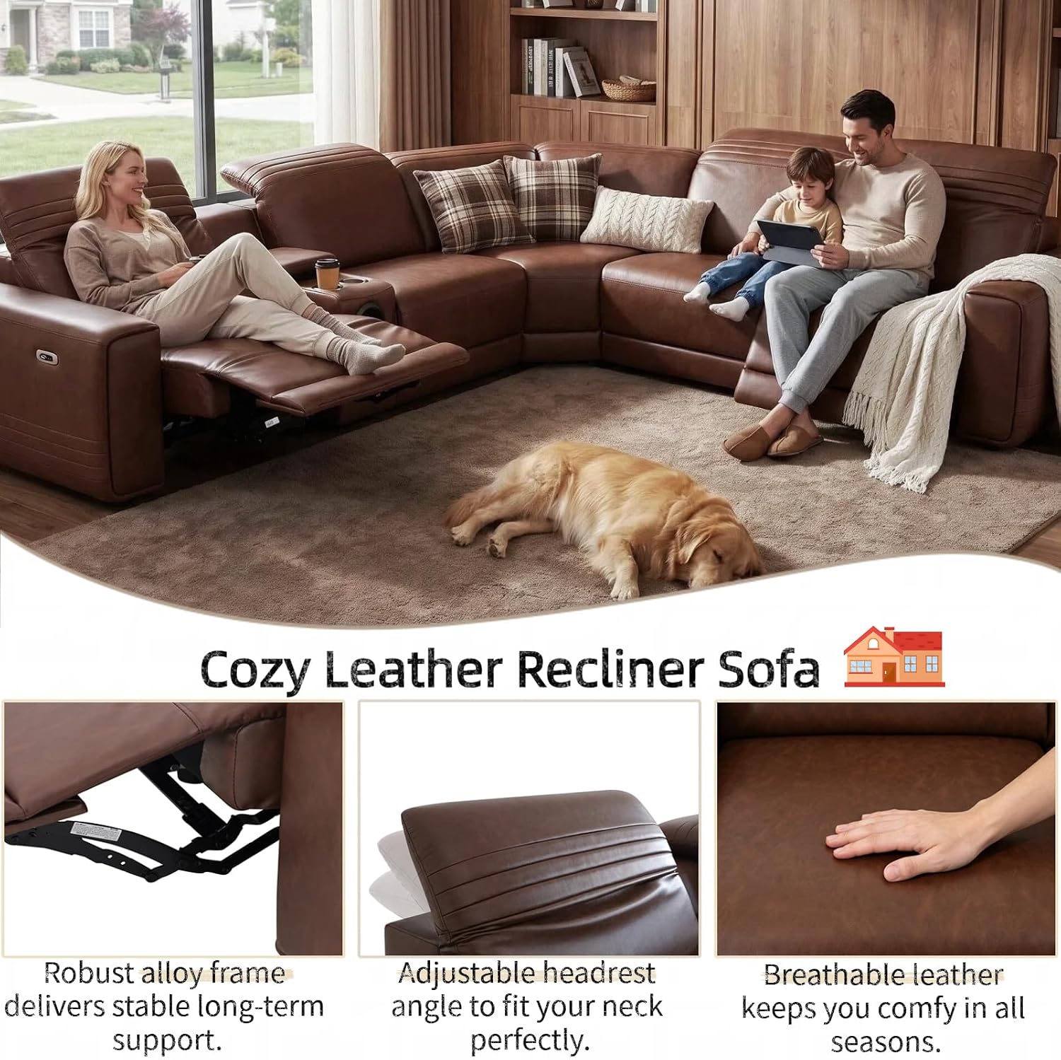 Power Reclining Sectional Sofa with Speakers, L-Shaped Air Leather Recliner Sectional Couch with USB Ports, Cup Holders & Storage Console, Luxury Living Room Furniture Set for Home, Office & Apartment