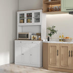 71" Tall Kitchen Pantry Storage Cabinet with Microwave Stand, Freestanding Buffet with Hutch 2 Drawers Adjustable Shelves and Glass Doors for Kitchen, Dining Room, White