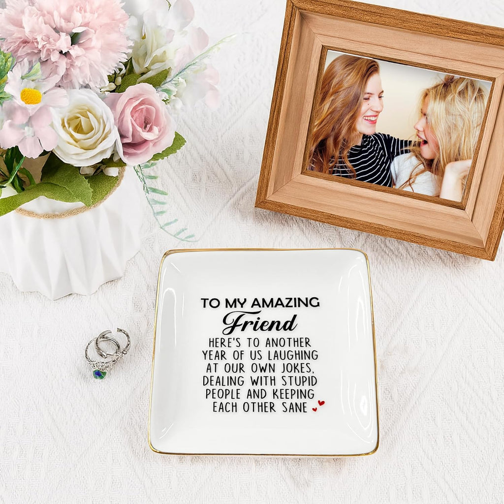 Funny Gift for Besties - Friendship Jewelry Dish for Women BFFs on Birthday Christmas, 4" Ceramic Ring Trinket Tray Here's Another Year - Unique Gift for Sisters Coworkers Classmates