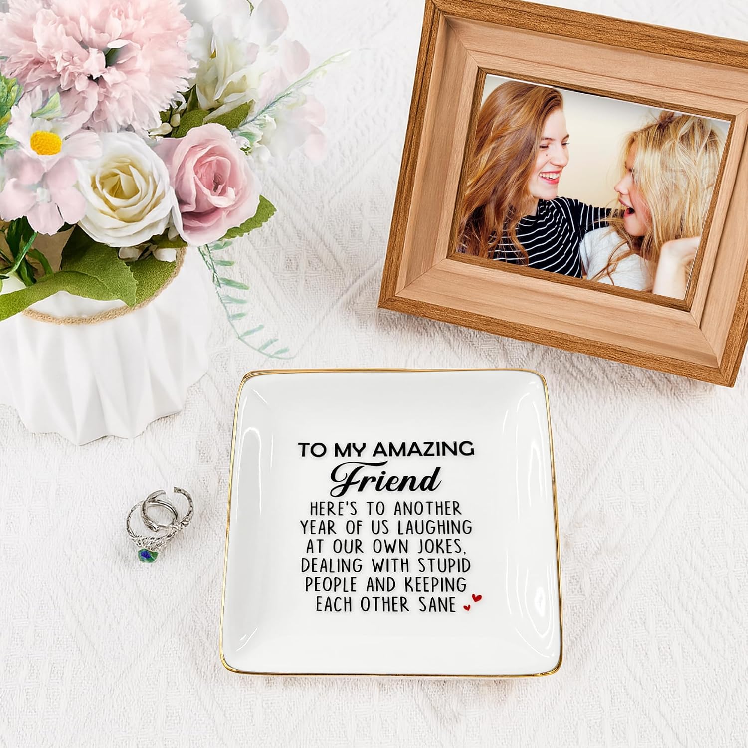 Funny Gift for Besties - Friendship Jewelry Dish for Women BFFs on Birthday Christmas, 4" Ceramic Ring Trinket Tray Here's Another Year - Unique Gift for Sisters Coworkers Classmates