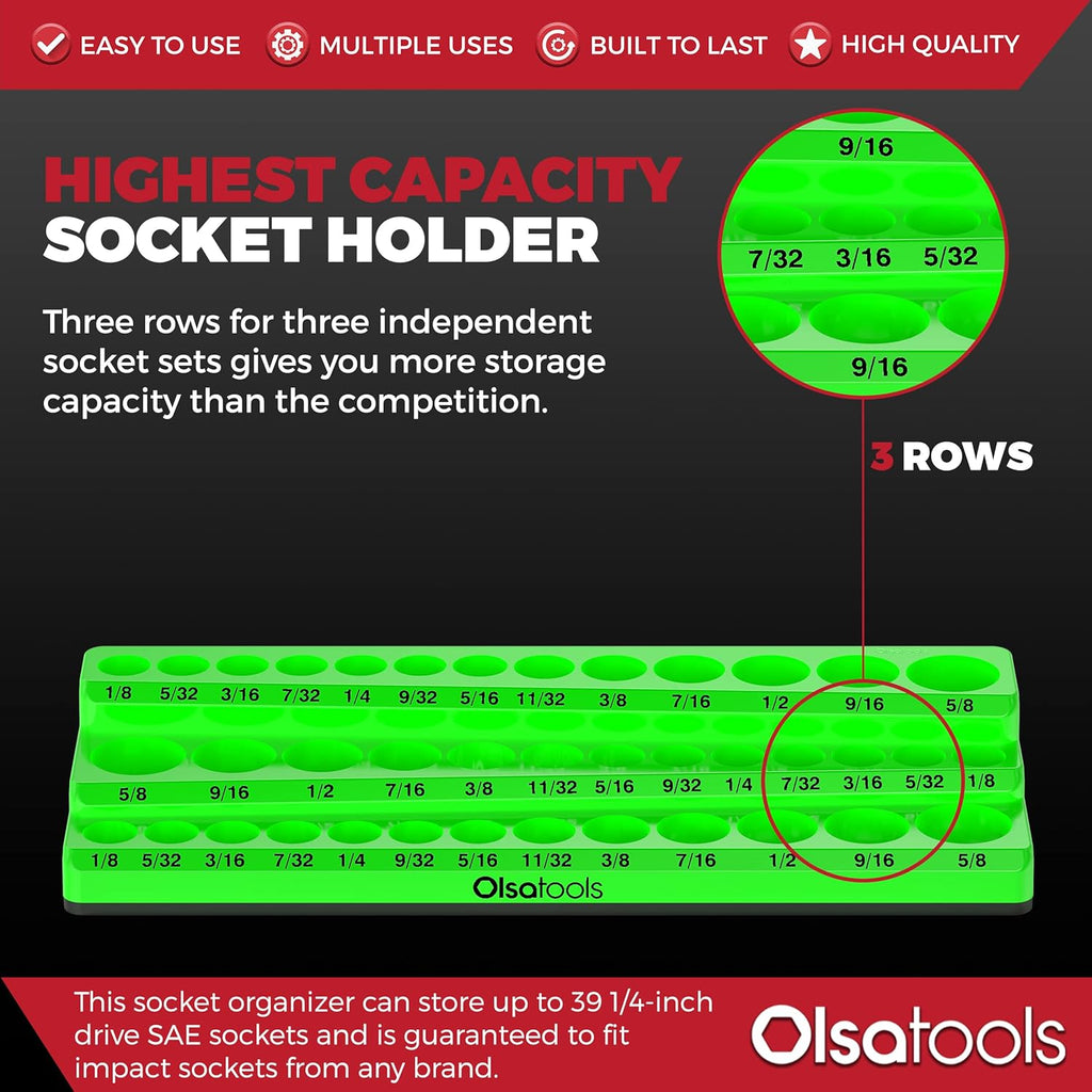 Olsa Tools Magnetic Socket Organizer - 1/4-Inch Drive, 3 Row - Holds 39 SAE Green Sockets - Professional Grade, Part: 1548