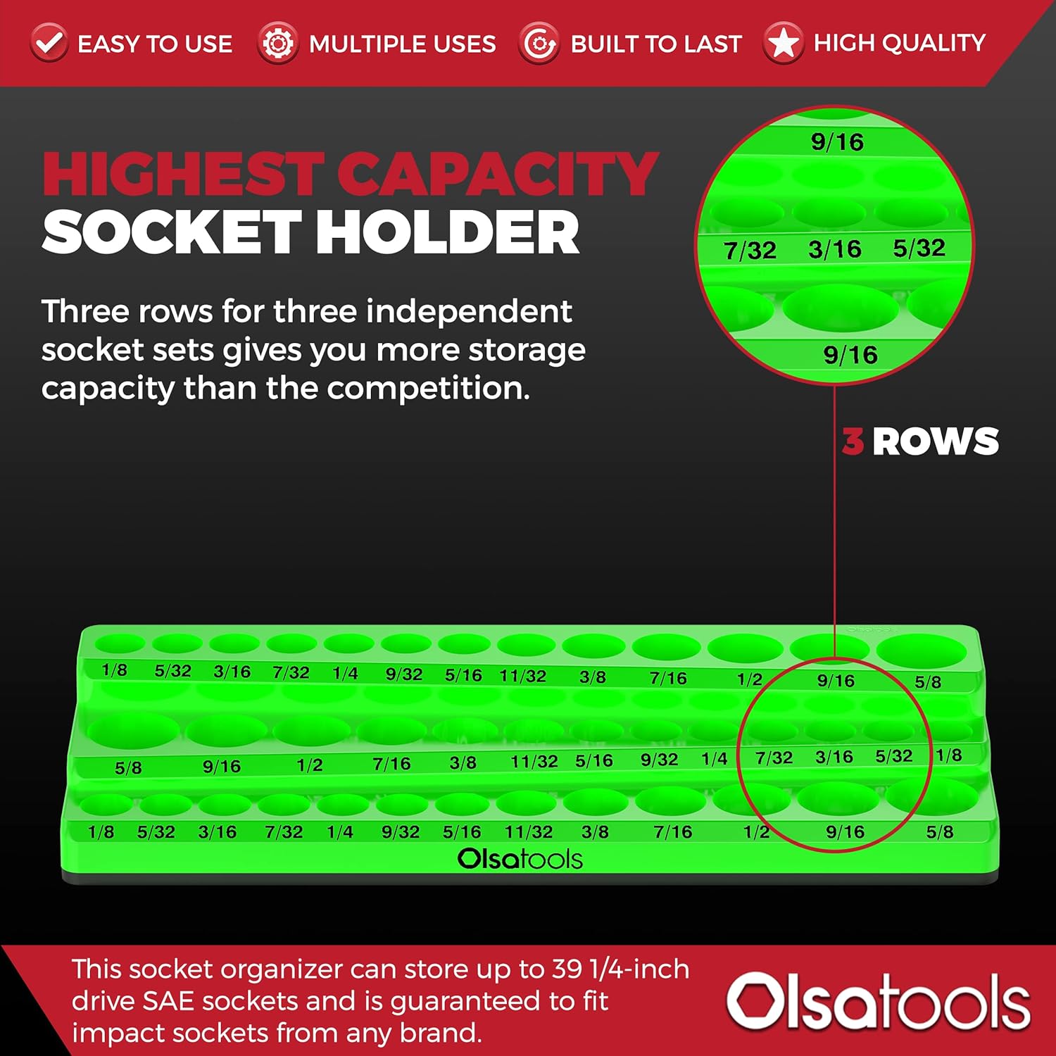 Olsa Tools Magnetic Socket Organizer - 1/4-Inch Drive, 3 Row - Holds 39 SAE Green Sockets - Professional Grade, Part: 1548