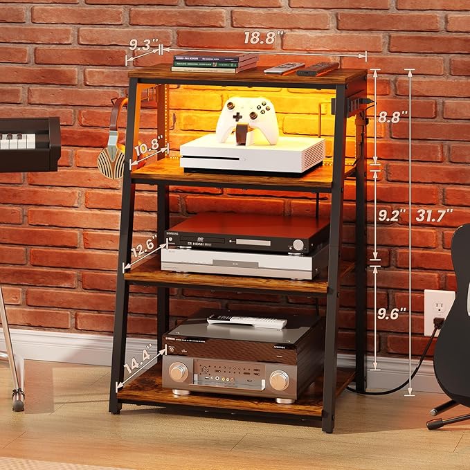 4-Tier AV Media Stand with Power Strips, Heavy Duty Stereo Cabinet Stand with...
