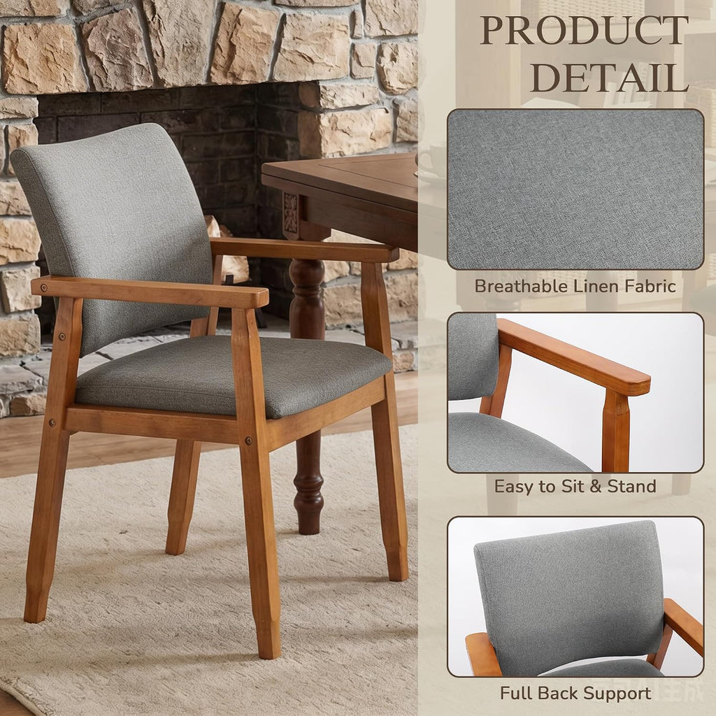 GOTMINSI Mid-Century Modern Linen Dining Chair with Arms, Solid Wood Frame, 320 lbs Weight Capacity, Upholstered Accent Chair for Kitchen Dining Room Living Room (Grey,1pc)