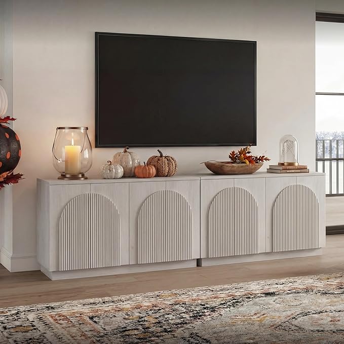 Yechen Fluted TV Stand with Arched Reeded Design Doors, Modern Entertainment Center with Storage for Up to 98", TV Media Console, TV Cabinet for Living Room, Bedroom/White Oak(2 PCS)
