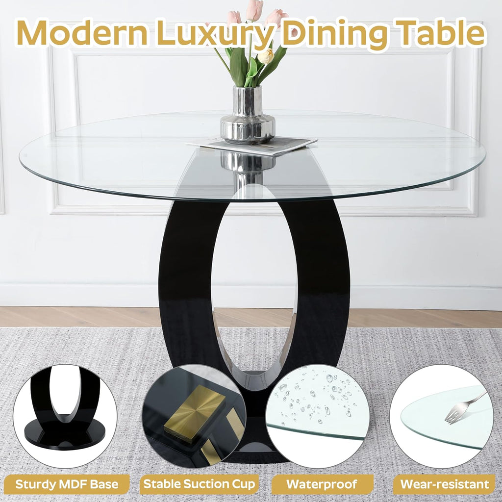 RGZ Modern 39" Clear Glass Round Dining Table Set, 5 PCS Luxury Circle Glass Top Kitchen Table with Gold Decorative Strips & 4 Black High-end Tufted Chairs for Apartment Home Dining(Black Base)