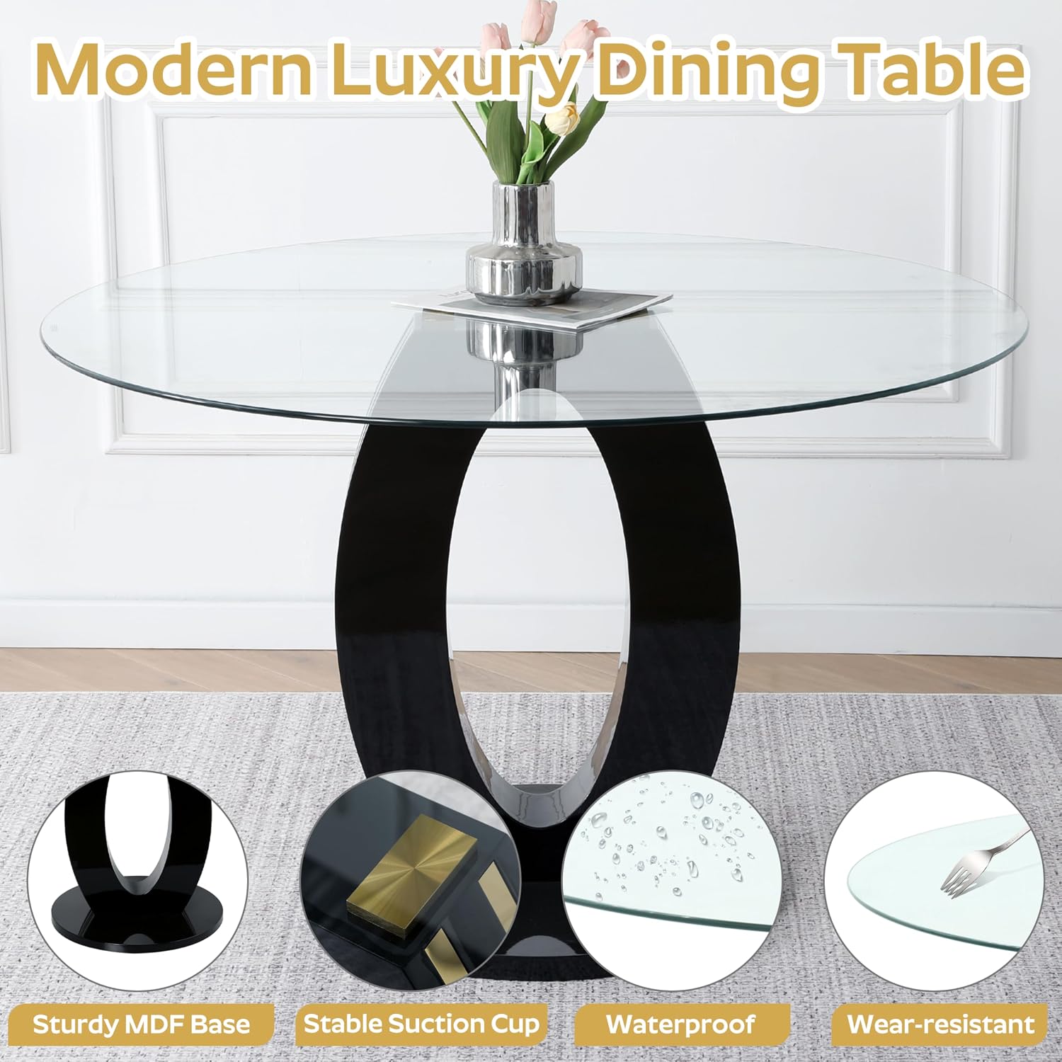 RGZ Modern 39" Clear Glass Round Dining Table Set, 5 PCS Luxury Circle Glass Top Kitchen Table with Gold Decorative Strips & 4 Black High-end Tufted Chairs for Apartment Home Dining(Black Base)