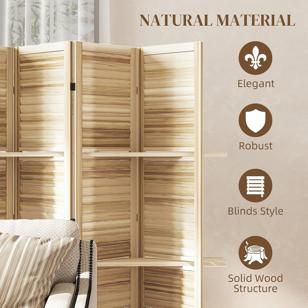HOMCOM Room Divider with Shelves, 5 Panel, 67" Tall, Natural Wood