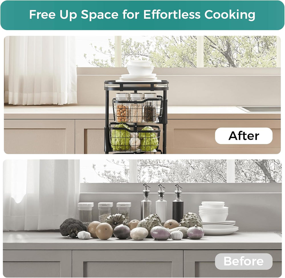5 Tier Kitchen Fruit Vegetable Storage Cart with One-Piece Rotating Basket, P...