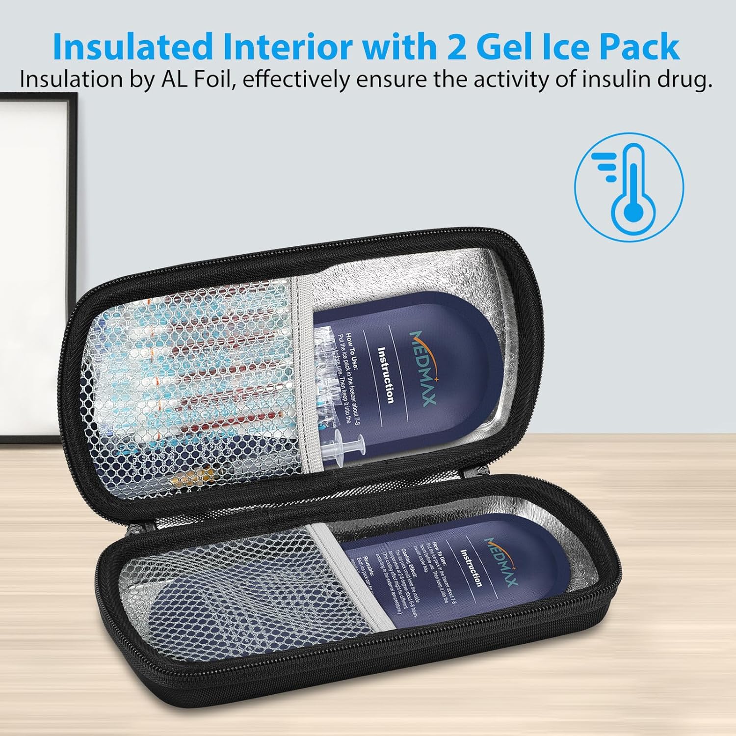 Hard Shell Insulin Cooler Travel Case with 2 Ice Pack, Shock Absorption Insulated Diabetic Medication Organizer Carrying Bag with Extra Pouch for Insulin Pen and Other Diabetic Supplies, Black