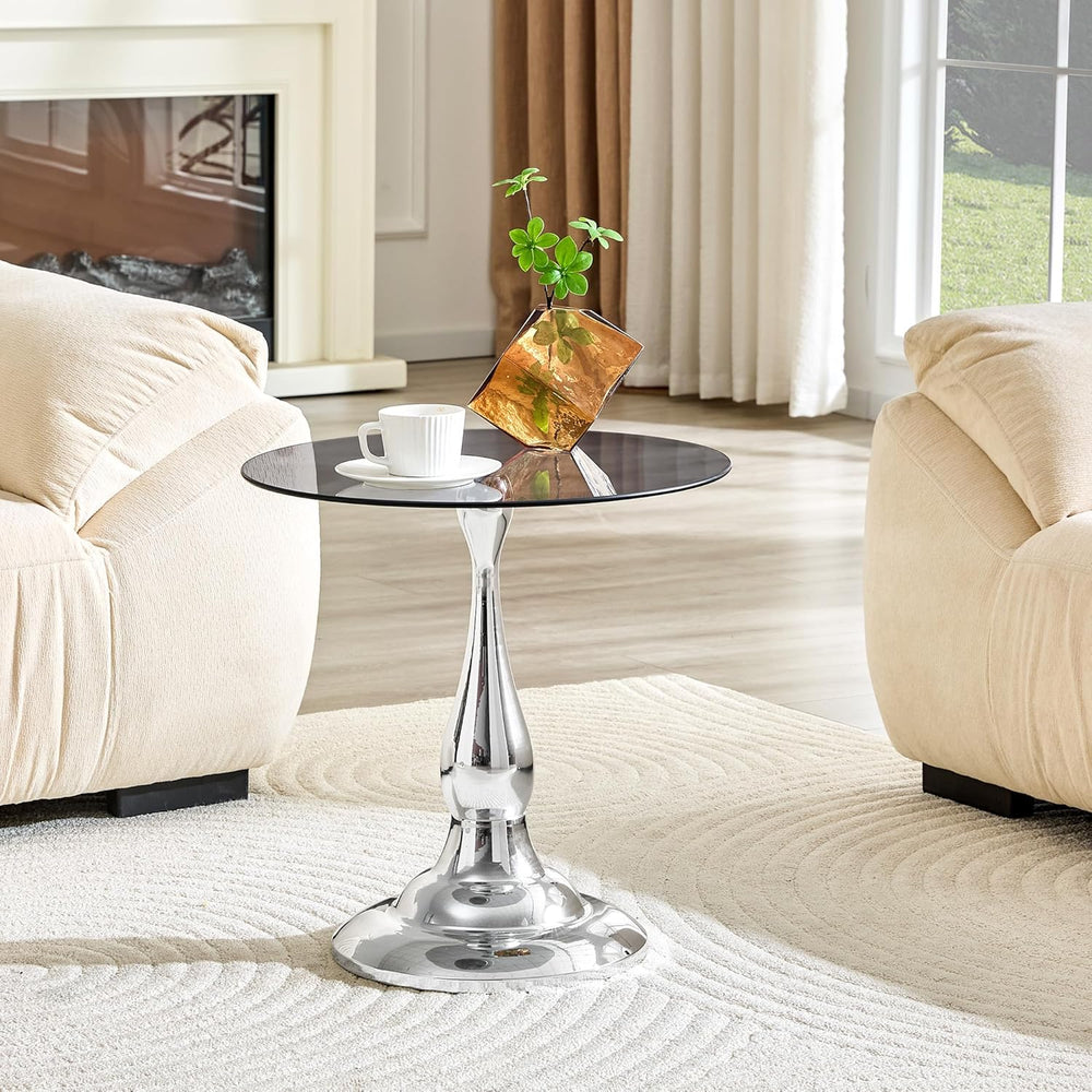 Round Glass Side Table with Silver Metal Base, 19.6'' Gray Tempered G...
