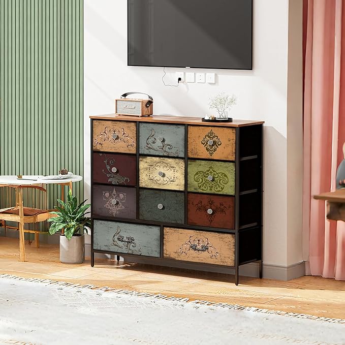 Dresser for Bedroom with 11 Deep Fabric Drawers, Tall Chests of Drawers, Wide TV Stand, Cube Storage Organizer for Closet, Nursery, Kid's Bedroom