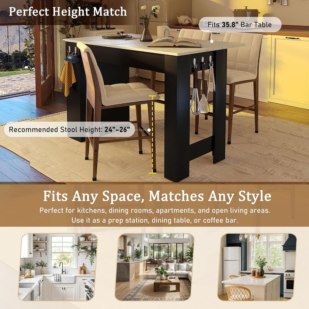 3-in-1 Dining Table with Foldable Tabletop & Marble Grain Top, Black+Waln...