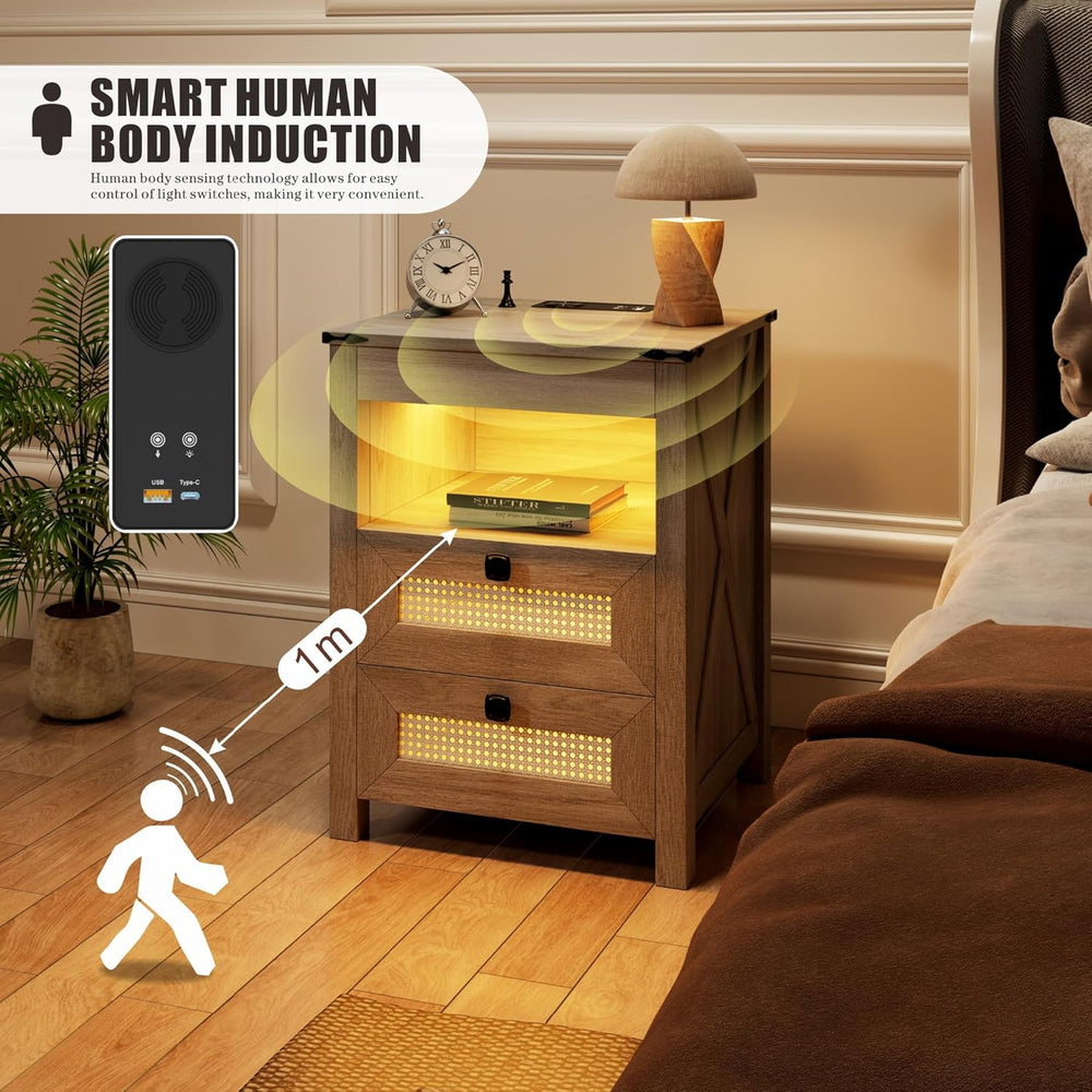 Night Stand with Gun Drawer, Bedside Table with Charger Station & LED Hum...