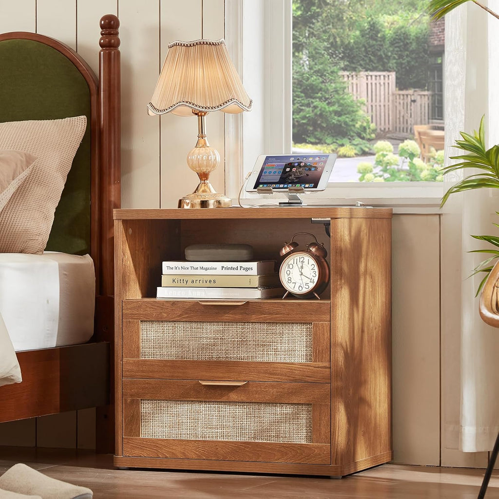 LEYAOYAO Rattan Night Stand with Charger Station, 23" Wide Boho Nightstand with 2 Drawers, Natural Wood Bedside Table Open Storage Cabinet, Bed Side End Tables Dresser for Bedroom, Living Room Hallway