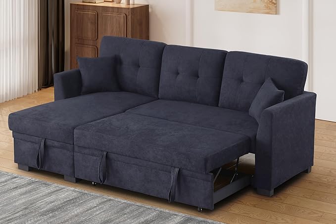L Shaped Sectional Sleeper Sofa Couch with Pull Out Bed ,3 Seater Convertible Sectional Sofabed W/Reversible Chaise & Tufted Back Cushion ,Reversible Pullout Sofa Couch Bed for Living Room Office
