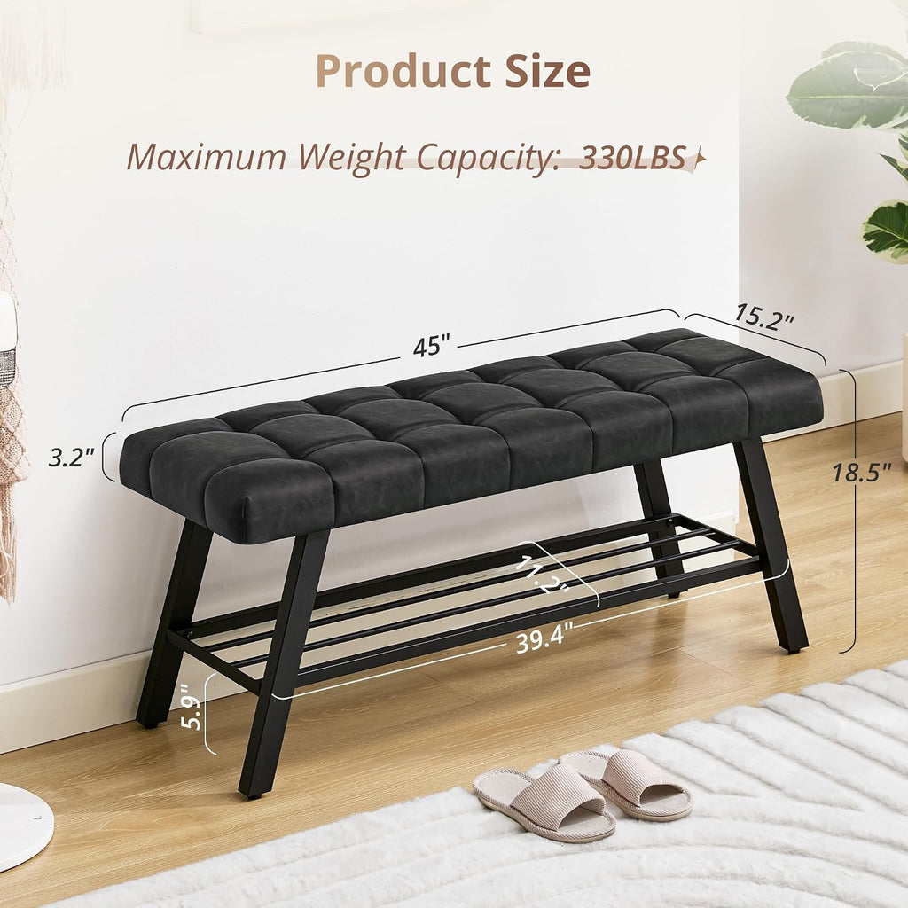 LUE BONA 45" Entryway Bench with Storage Shelf, End of Bed Bench with Tufted Faux Leather Seat, Bedroom Bench with Metal Frame, 330 LBS Capacity for Entryway, Living Room, Hallway, Black