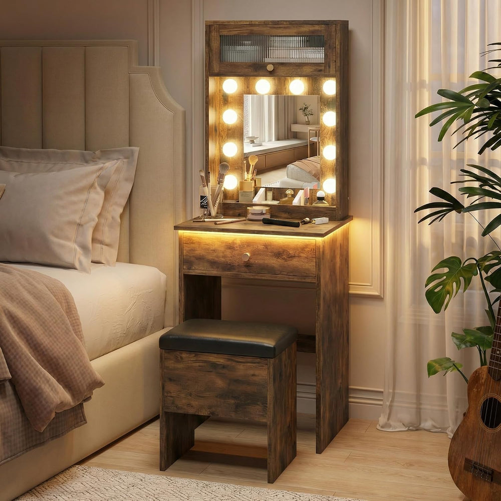 ARTETHYS Small Vanity with Mirror & RGB Light Rustic Makeup Set for Bedro...