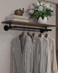Clothes Rack 36in, Wall Mounted Garment Rack with Real Walnut Wood Shelf, Heavy Duty Hanging Clothes shelf, Multi-Purpose Hanging Rod, Space-Saving Closet Storage (Walnut, 1T36IN)