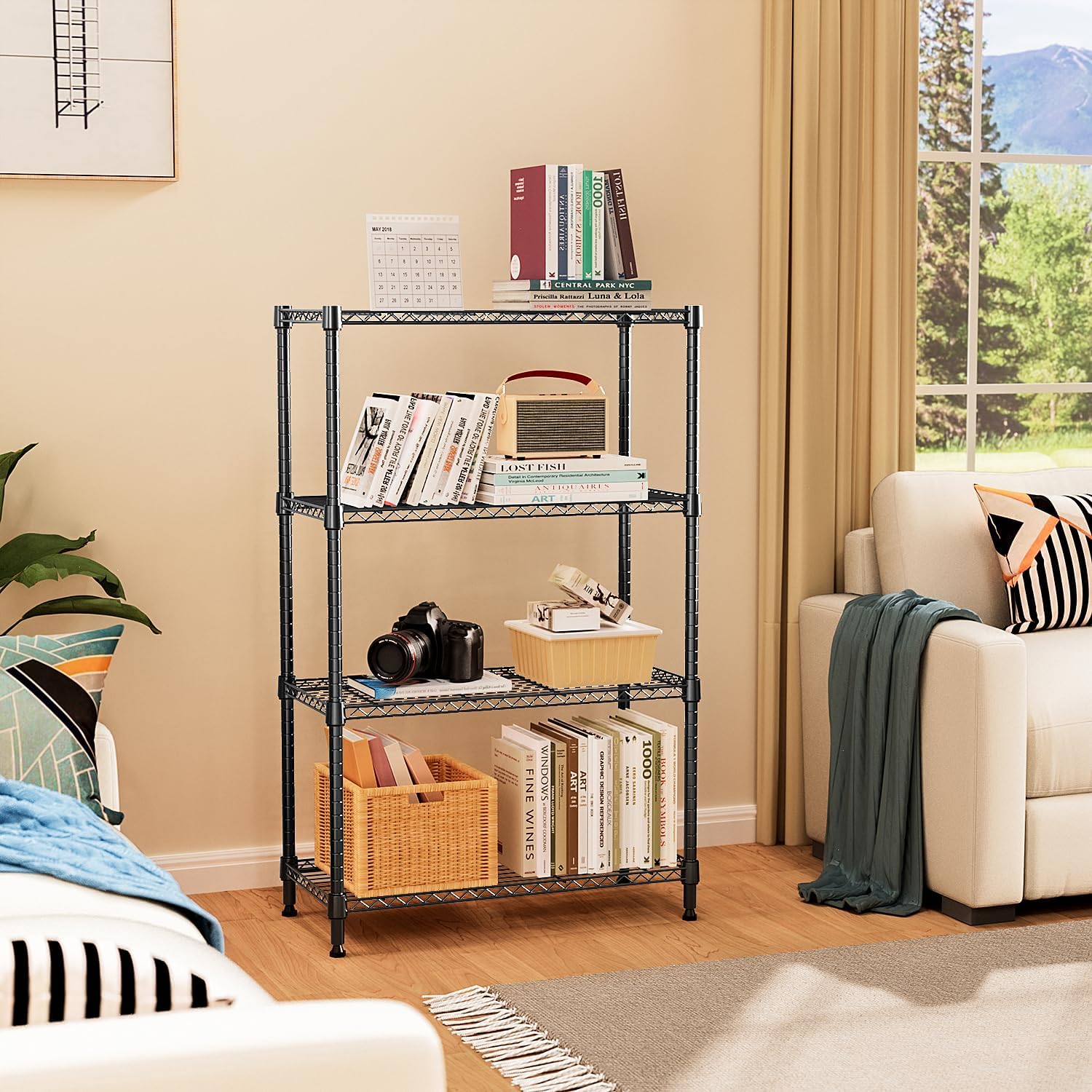 1400 lbs 4 Tier Storage Rack Metal Wire Shelving Unit, Storage Standing Household Shelf Organizer for Kitchen Pantry Closet Garage Basement Utility Room, Black 15.8" D x 45.3" W x 59.4" H