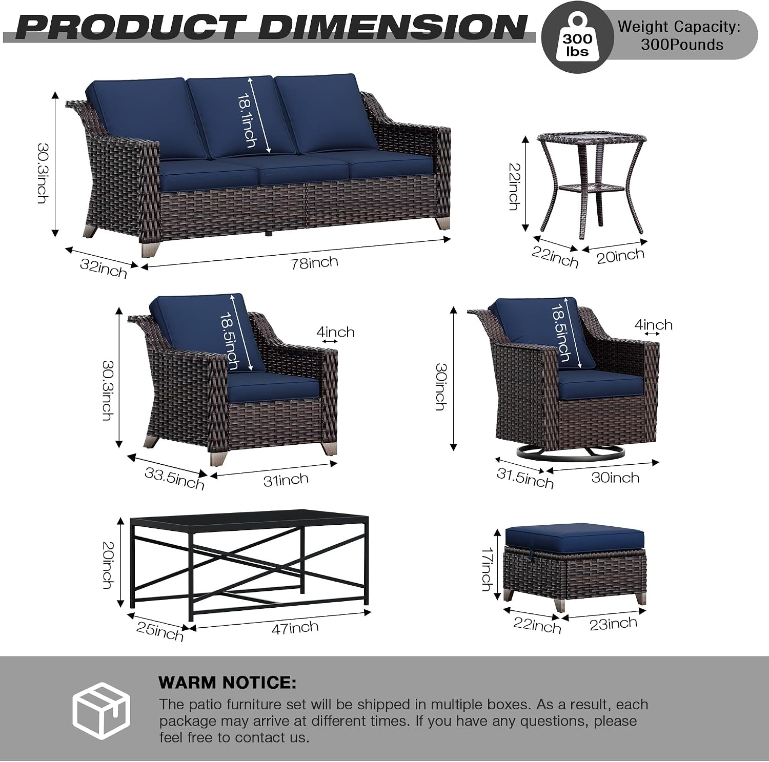 Wicker Patio Furniture Sets, 8 Pieces Upgraded Large Size Outdoor Furniture with Swivel Rocking Patio Chairs, Patio Dining Chair, 3-Seat Sofa, Outdoor Ottoman, Thick Cushions, Wide Armrest