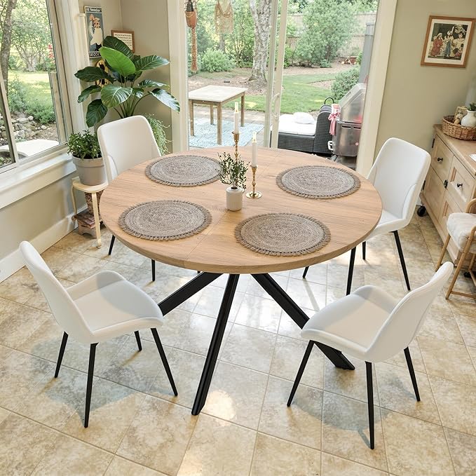 47.2" 5-Piece Round Dining Table Set for 4, Modern Wood Dining Table with 4 Upholstered Chairs, Kitchen & Dining Room Table Set with Metal Base for Apartment, Small Space, Natural Table+4 Beige Chairs