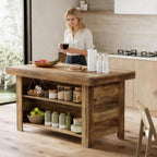 LITTLE TREE 55 Inches Kitchen Island with Storage, 3-Tier Farmhouse Wooden Stationary Island Table with Large Worktop & Leg Room, Modern Coffee Bar Table with Storage Shelf for Kitchen, Rustic Brown