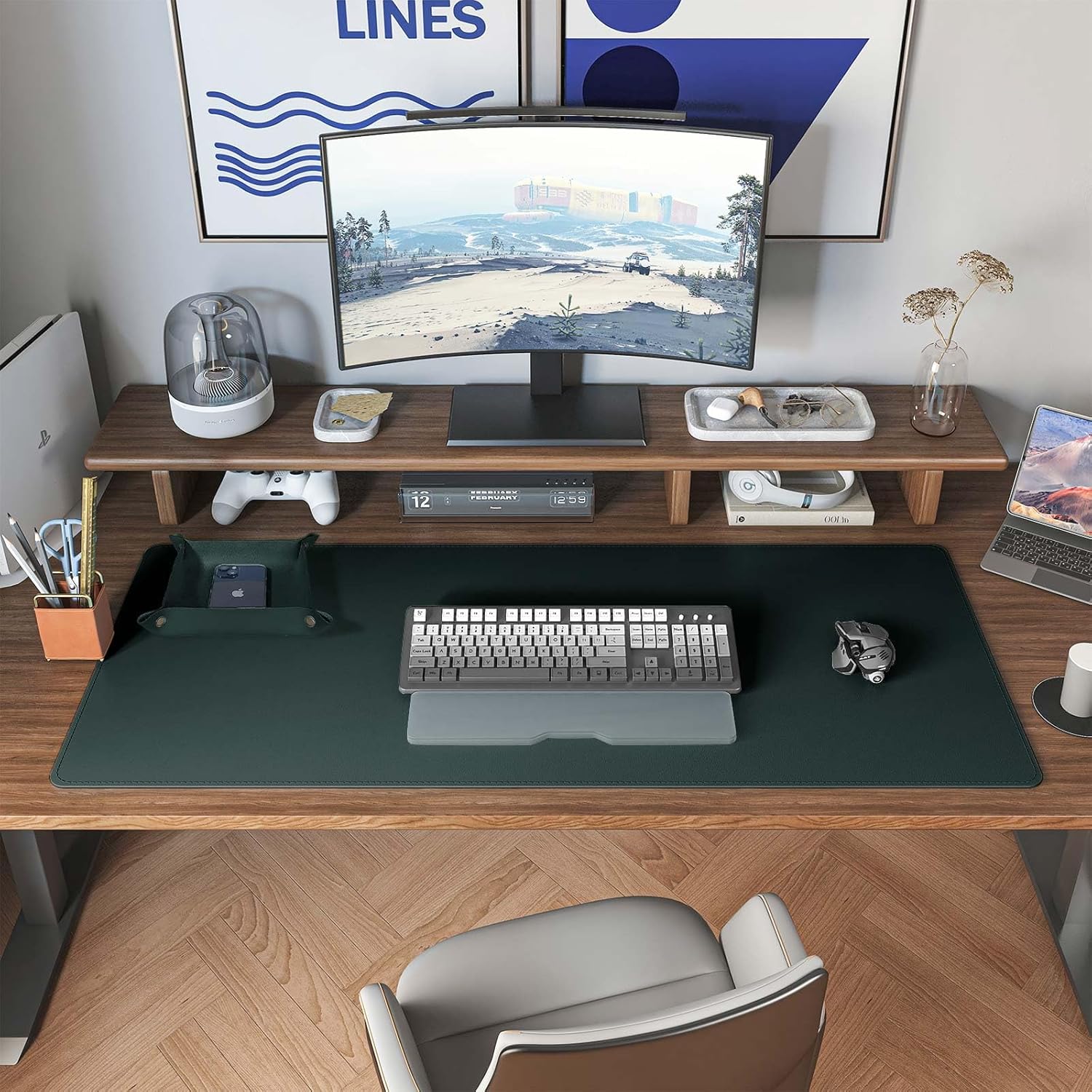 DAWNTREES Dark Green Desk Mat,Leather Desk Pad,35.5"x17",Cork Desk Mat Protector,with PU Leather Valet Tray Organizer,Large Mouse Pad,Desk Writing Pad for Office and Home