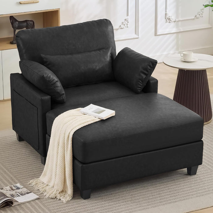 58" Oversized Faux Leather Chaise Lounge Chair Indoor, Mid Century Modern Accent Chair with Ottoman, Deep Seat Comfy Reading Chair with Side Pocket, Single Sofa Armchair for Living Room Bedroom,Black