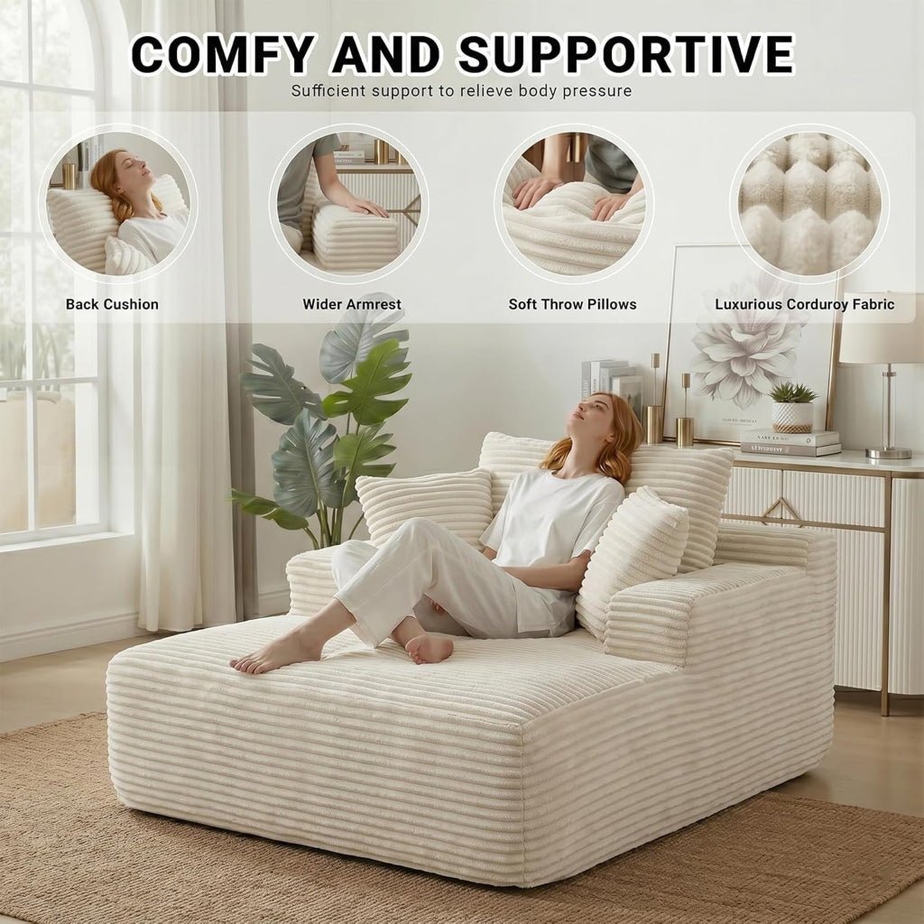 50" Chaise Lounge Chair Indoor, Oversized Boneless Cloud Couch Chair with 3 Pillows, Deep Seat Sleeper Chairs, Reading Chair for Living Room, Bed Room, No Assembly Required, Beige