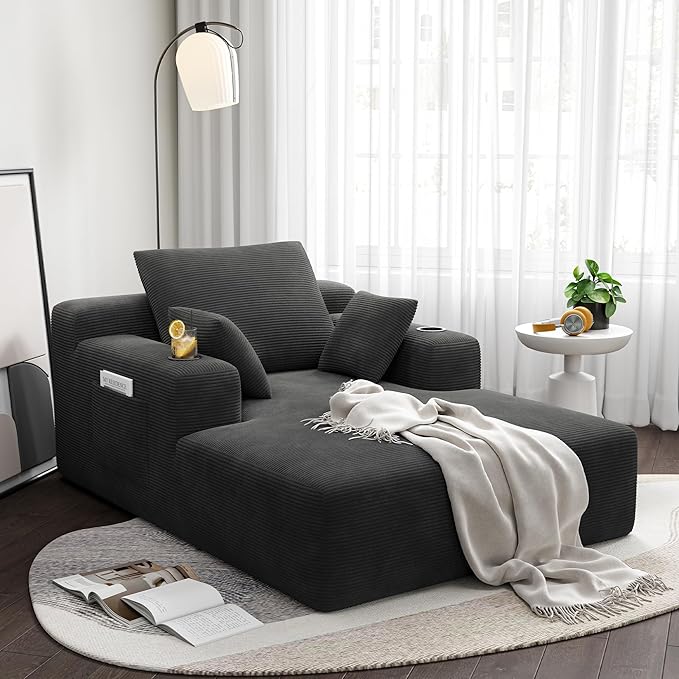 LIKIMIO 71.6" Oversized Chaise Lounge Chair Indoor, Upholstered Sofa Bed with 2 Cup Holders & 2 Storage Pockets, No Assembly Corduroy Cloud Couch, Reading Chair for Living Room (Dark Gray)