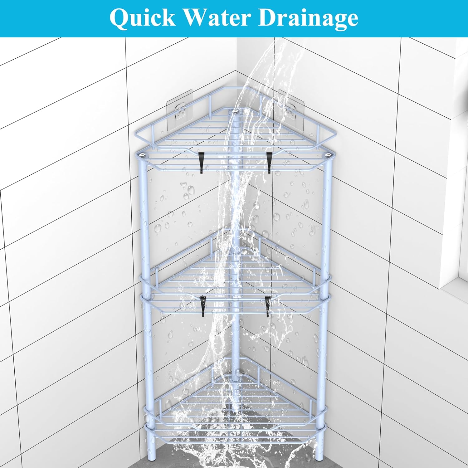 3 Tier Floor Standing Corner Shower Caddy Organizer Shelf with Hooks, Bathroom Shelves Stand Rack, Blue