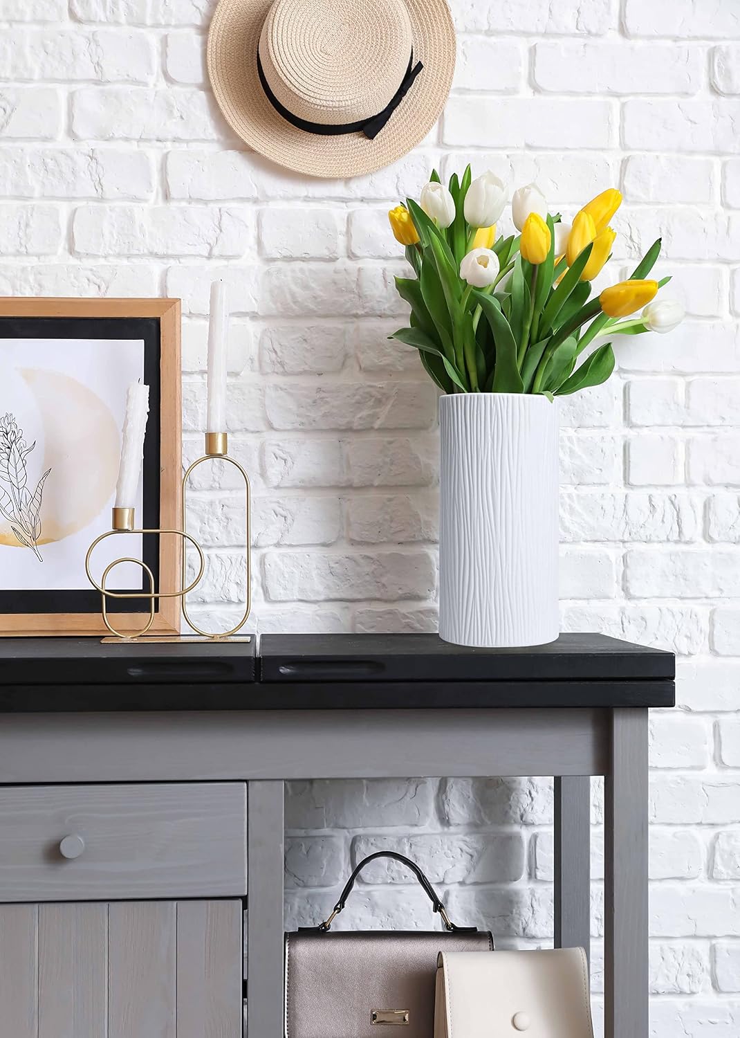 D'vine Dev 10 Inch Cylinder Vase, White Waterfall Textured Ceramic Flower Vase for Home Décor, VS-WF-B-2