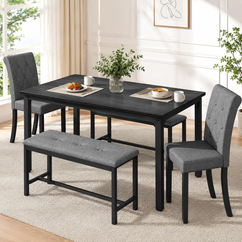 Rovibek Dining Table Set for 6, Rectangle Kitchen Table Set with 2 Upholstered Chairs & 2 Benches, 5-Piece Space Saving Dinner Table & Chairs Set for Dining Room, Kitchen, Restaurant, Grey & Black