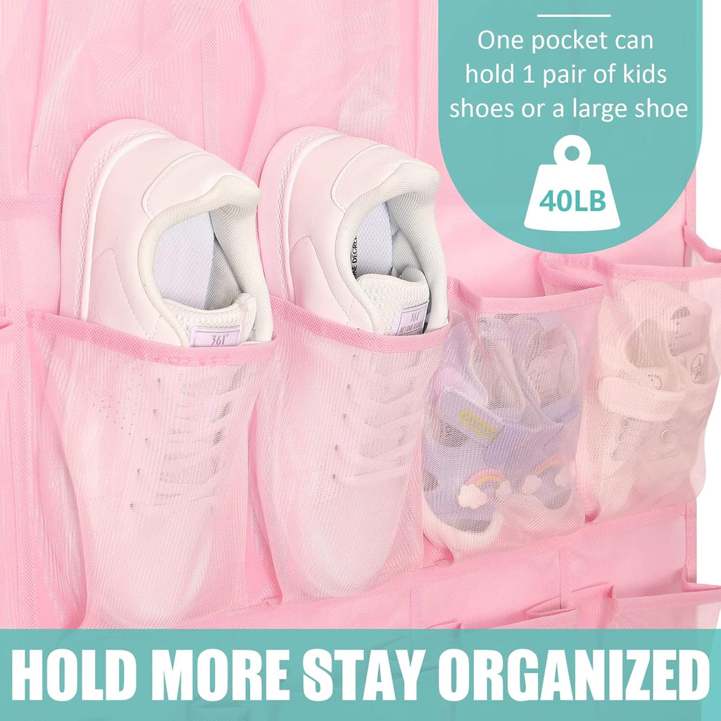 Tiblue Over The Door Shoe Organizers Pink with 35 Mesh Pockets Baby Organizer Storage Hanging Shoe Organizer Shoe Holder Rack For Toddler Girl Room Baby Room Craft Room Bedroom Pantry Bathroom Closet