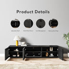 POVISON Full Assembled Mid Century Modern TV Stand, Black Entertainment Center for 65 inch TV, Wood Slatted Media Console with Storage, Low TV Cabinets for Living Room Bedroom, Oak Veneer